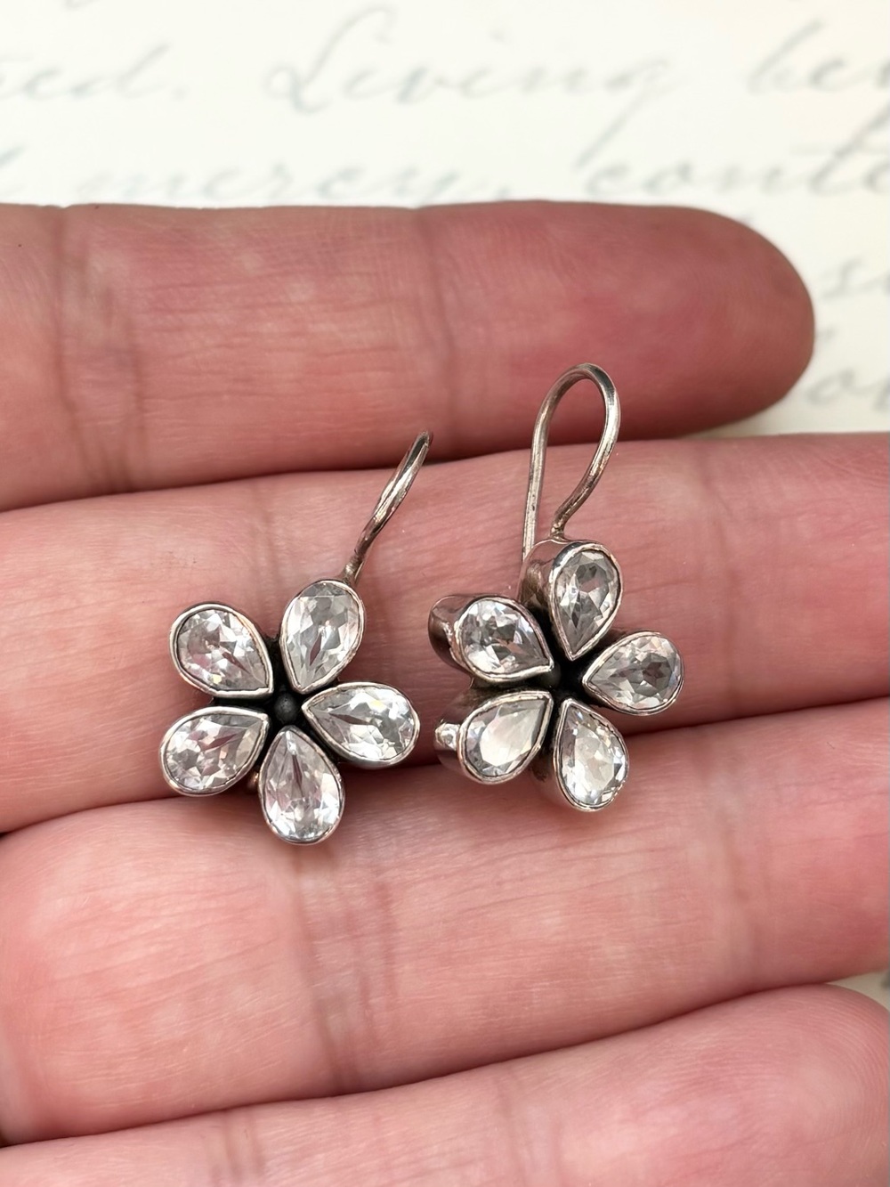 Clear Zircon Floral Drop Earrings in Sterling Silver - Picture 3 of 6